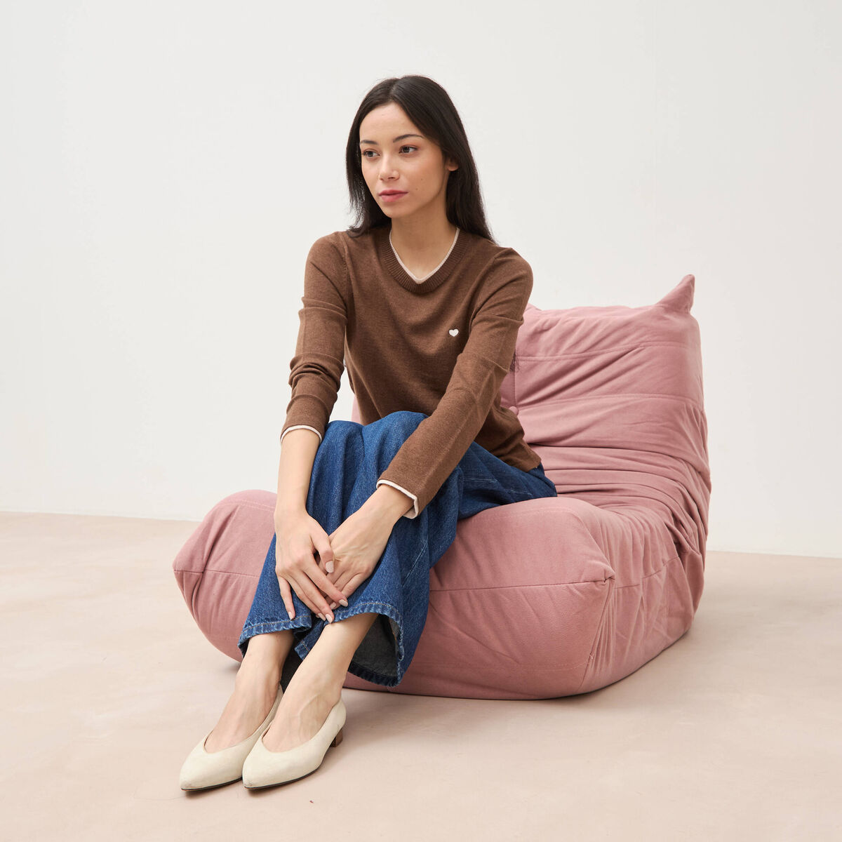 Pull fin col rond manches longues marron femme