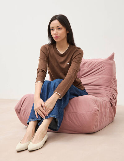 Pull fin col rond manches longues marron femme