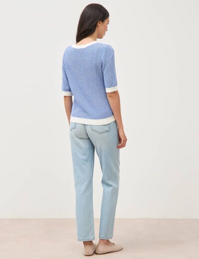 Pull droit court manches courtes bleu electrique femme