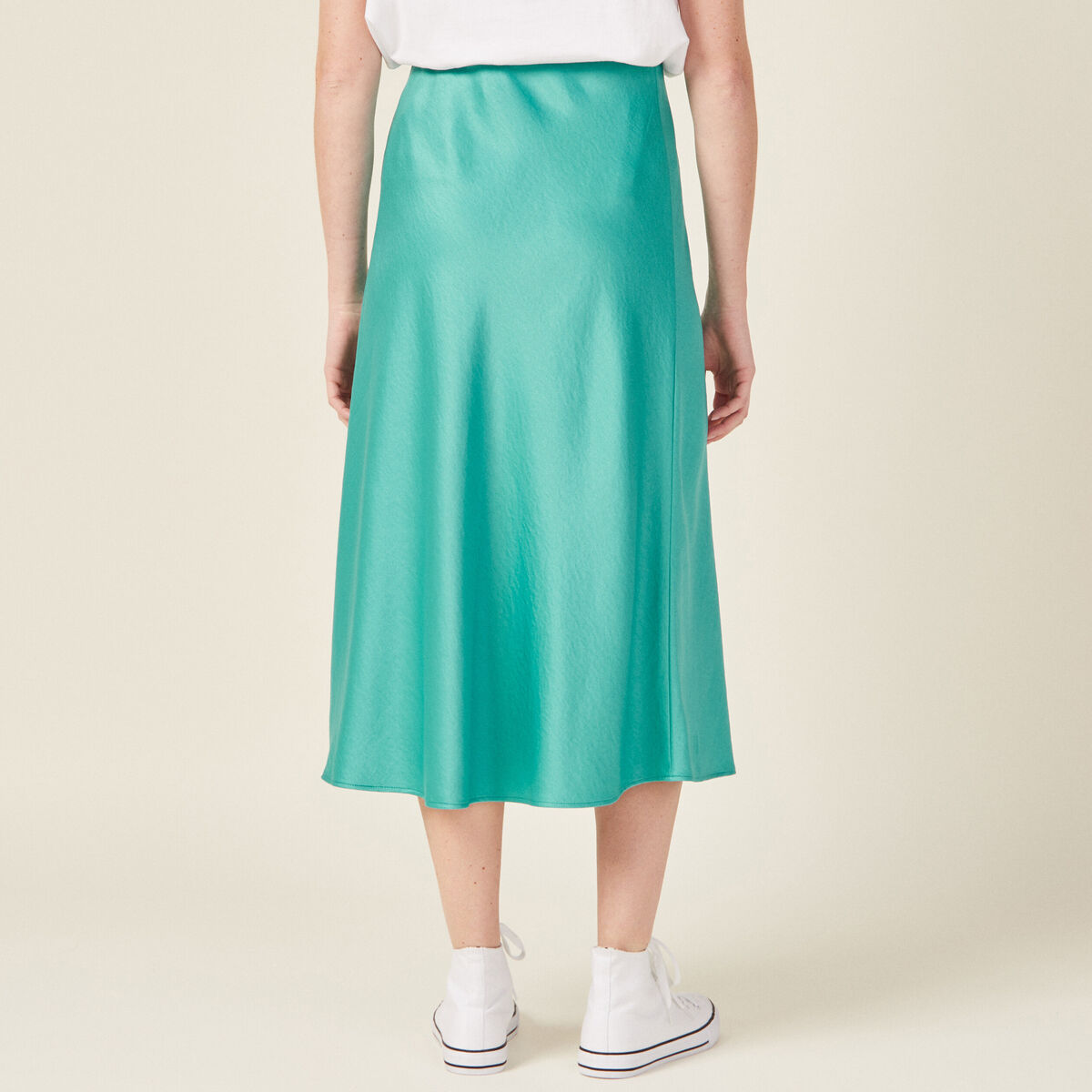Jupe midi droite satin bleu turquoise femme