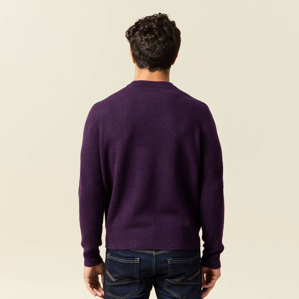 Pull manches longues col rond violet fonc&eacute; homme
