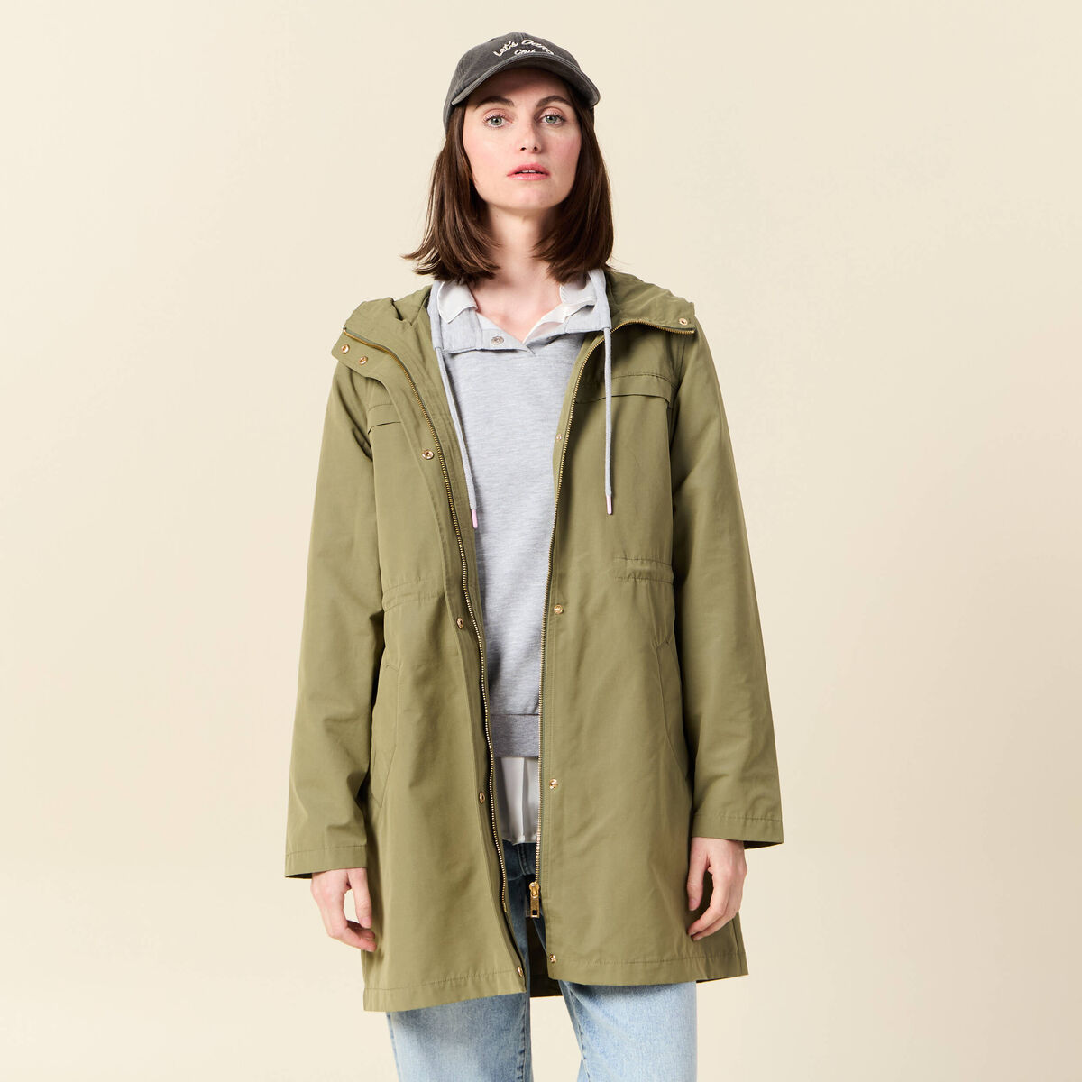 Parka longue à capuche vert kaki femme