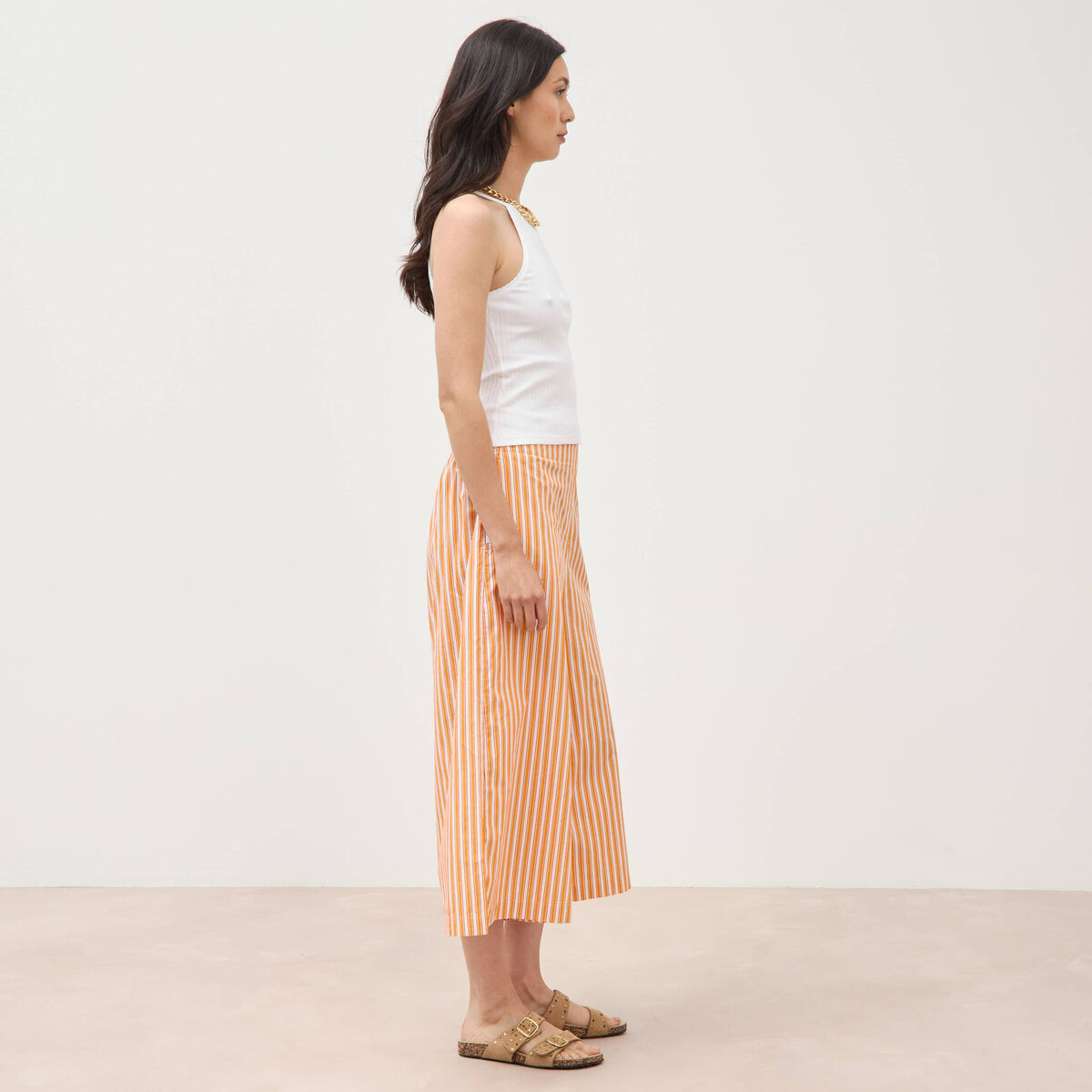 Pantalon large taille haute 3/4 en coton orange abricot femme