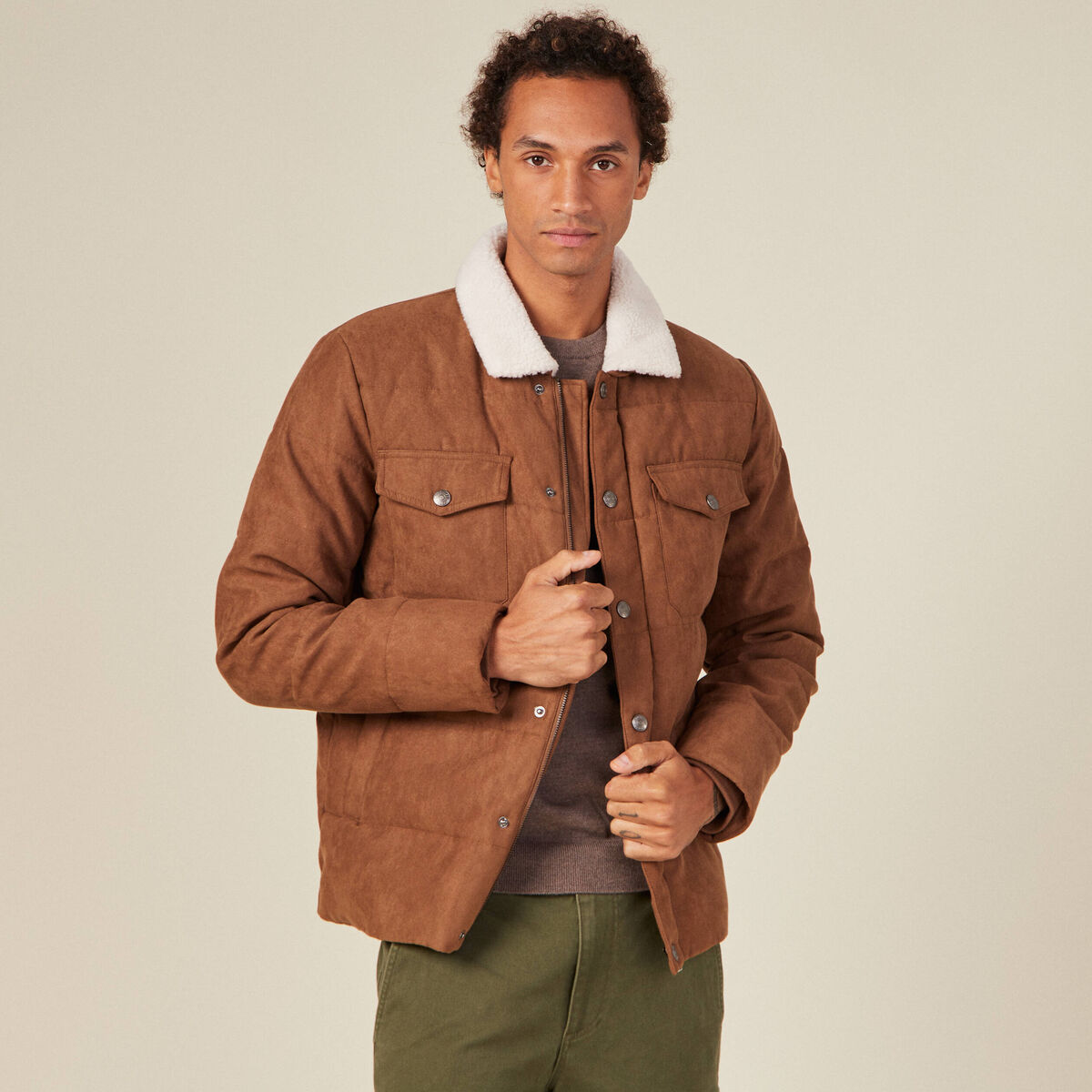 Doudoune suédine droite marron homme