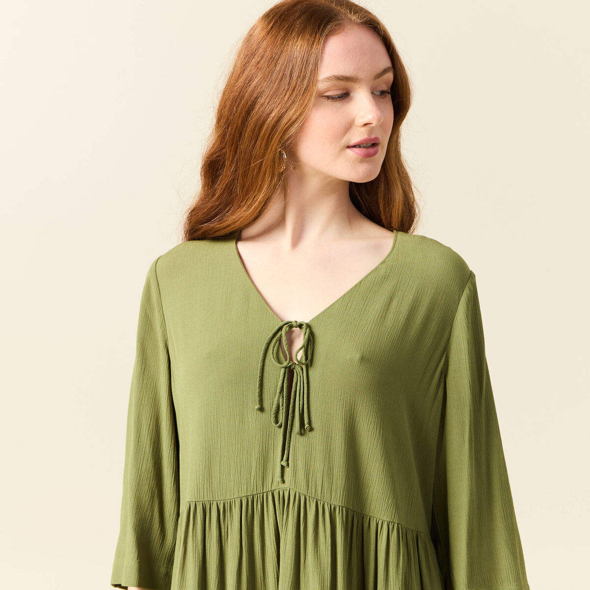 Robe évasée manches 3/4 vert kaki femme