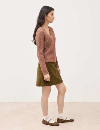 Pull droit col v manches longues marron clair femme