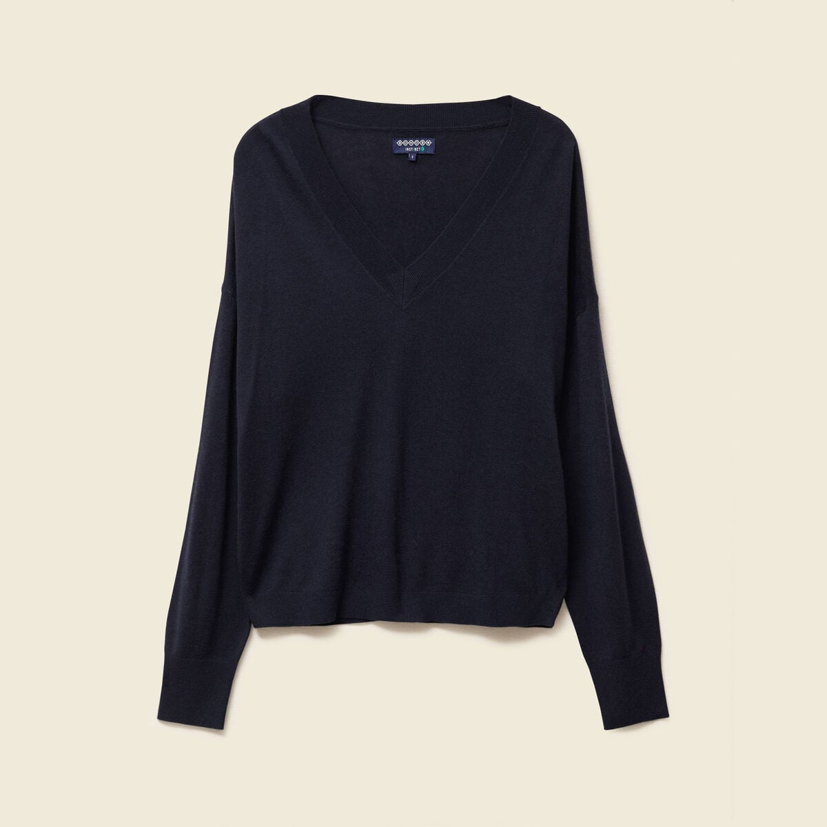 Pull fin col V manches longues bleu fonc&eacute; femme