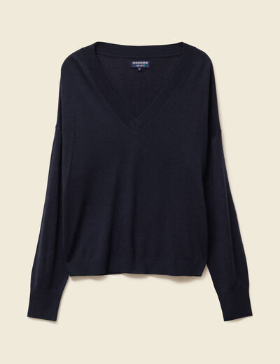 Pull fin col V manches longues bleu foncé femme