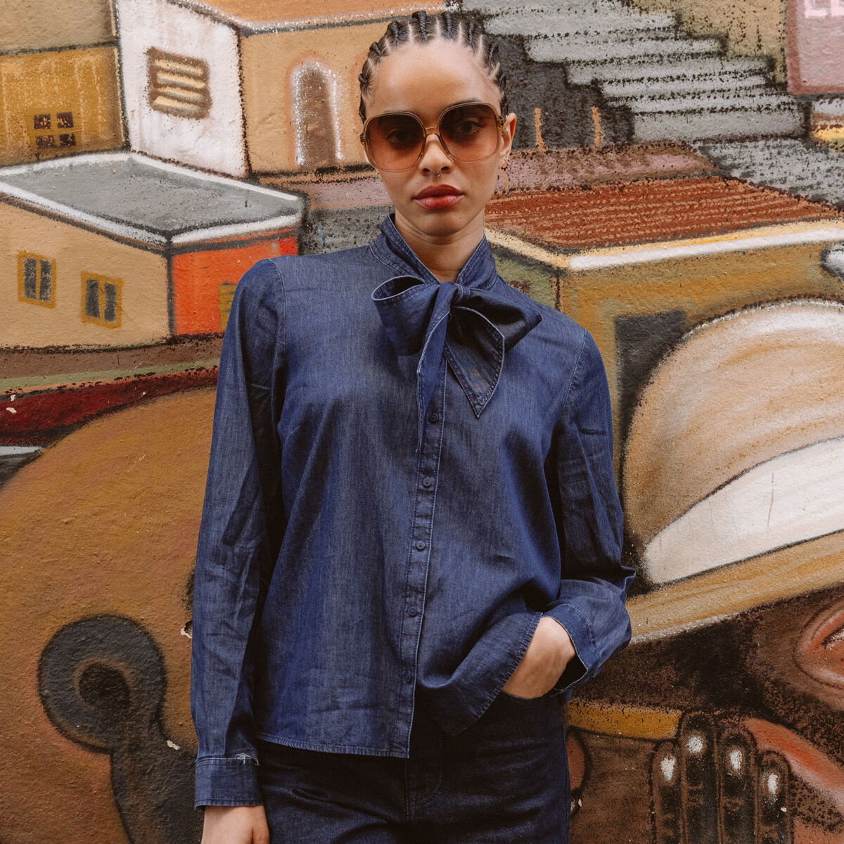 Chemise &agrave; pans manches longues en coton denim stone femme