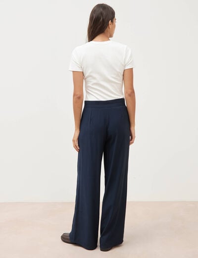 Pantalon large taille haute ceinture bleu fonc&eacute; femme