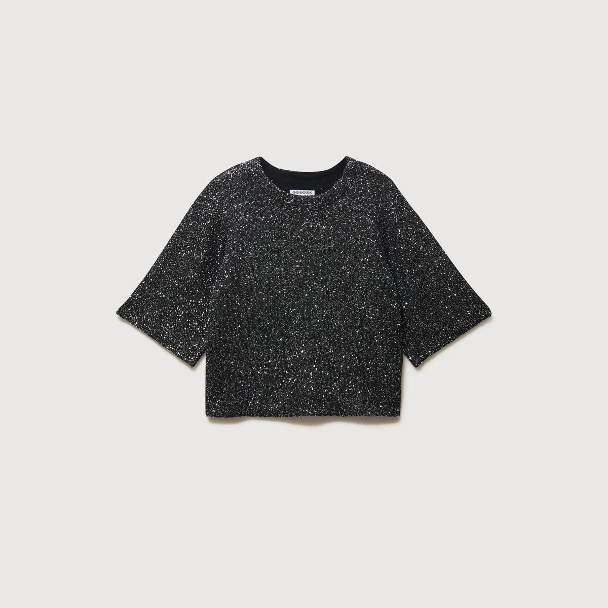 Pull manches courtes col rond brillant noir femme