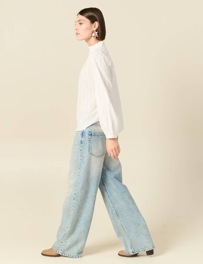 Blouse col mao manches longues en coton ecru femme