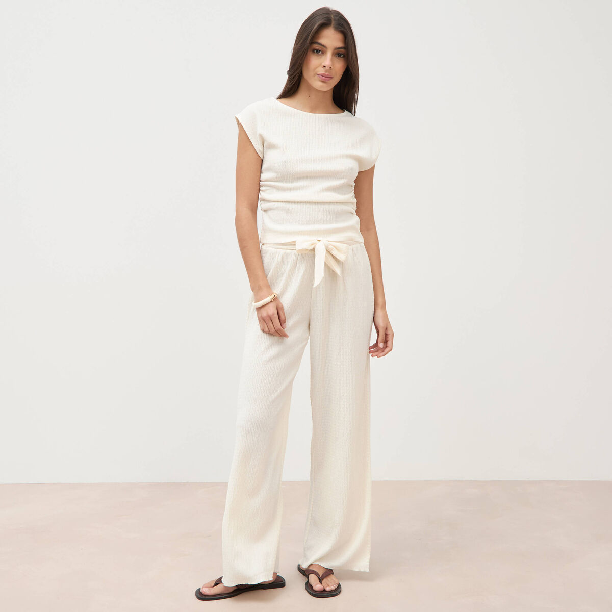 Pantalon loose avec ceinture creme femme