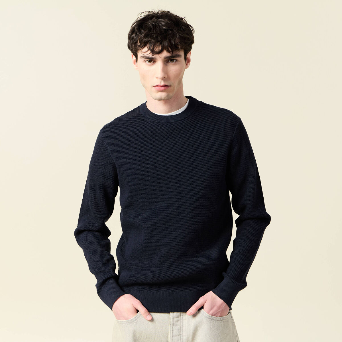 Pull droit manches longues bleu marine homme