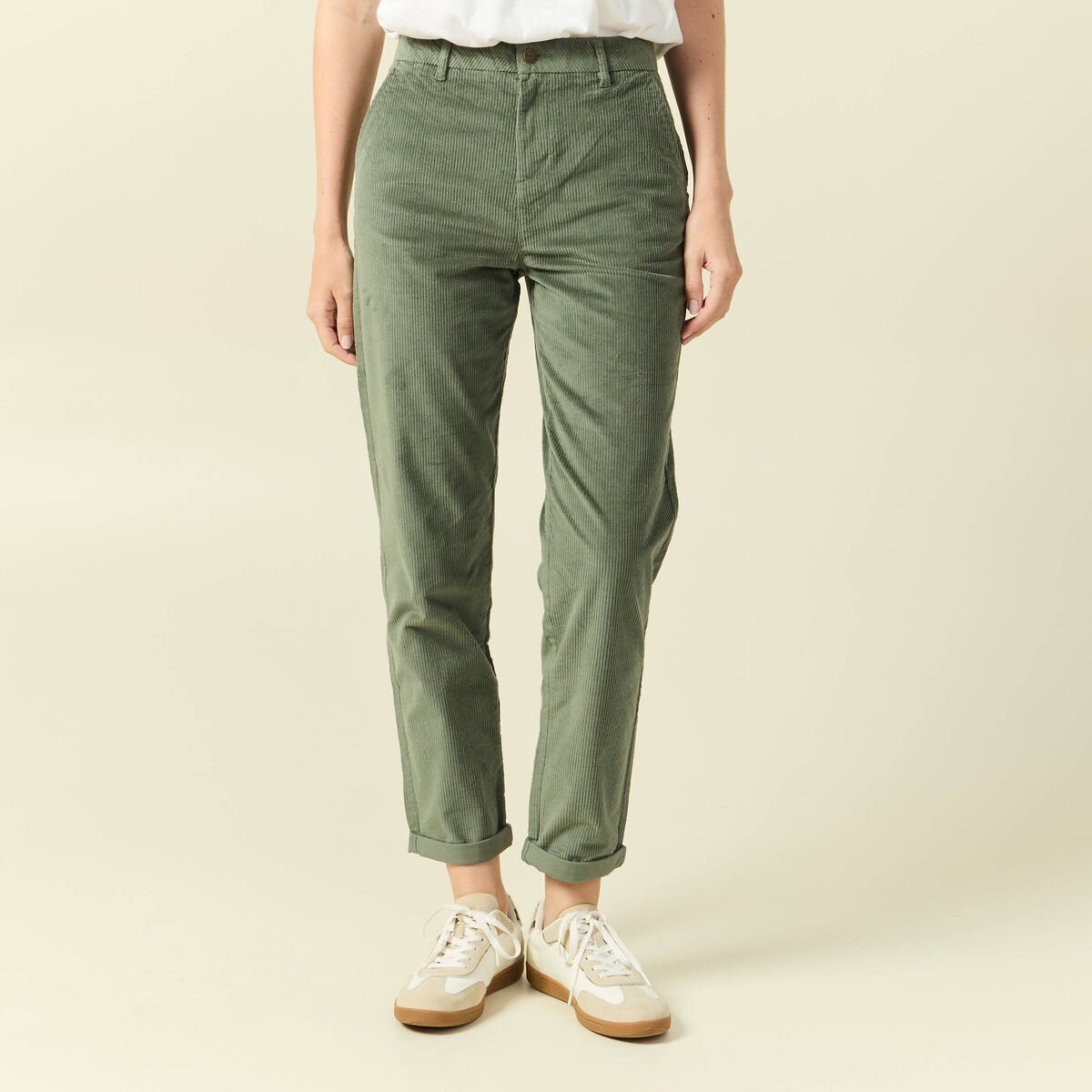 Pantalon large 7/8&egrave;me taille haute vert kaki femme