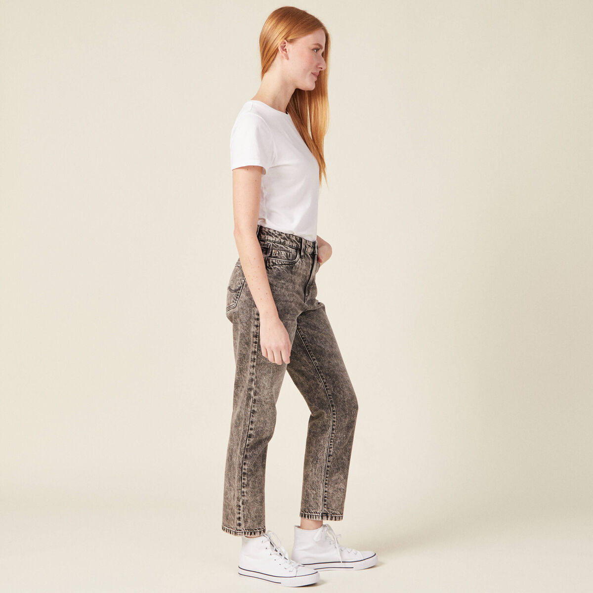 Jeans straight 5 poches denim snow gris femme