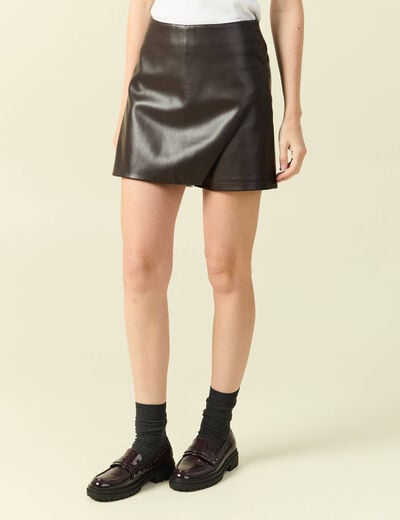 Jupe-short en similicuir doubl&eacute;e marron fonc&eacute; femme