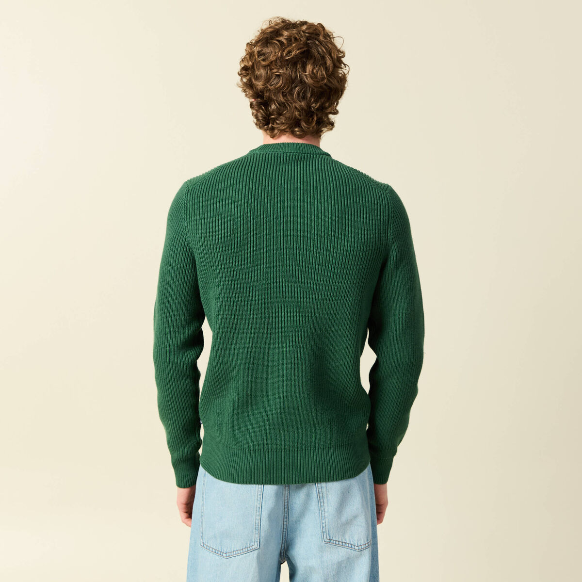 Pull fin manches longues col rond vert homme