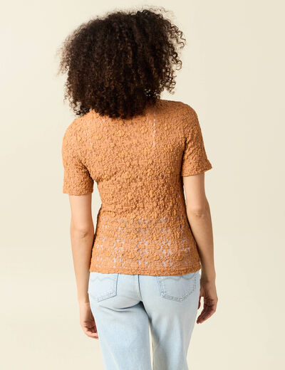 T-shirt cintr&eacute; col rond dentelle terracotta femme