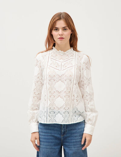 Blouse cintr&eacute;e dentelle manches longues ecru femme