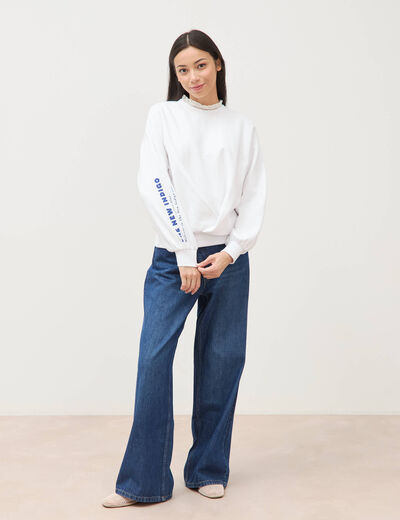 Sweat droit col rond manches longues blanc femme