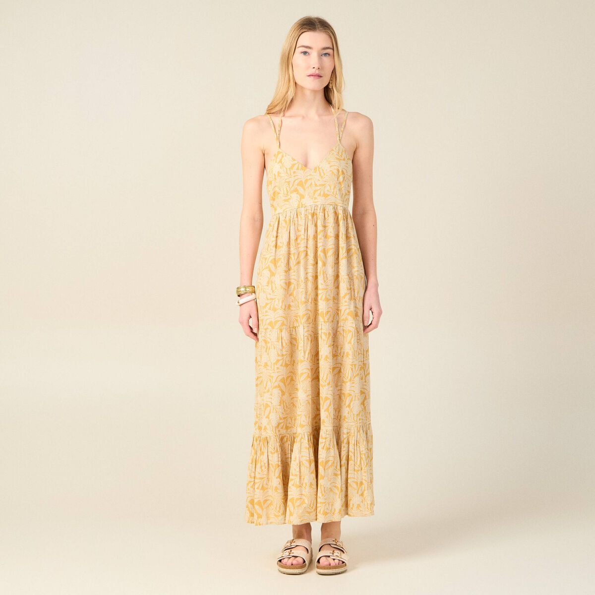 Robe longue évasée bretelles jaune femme