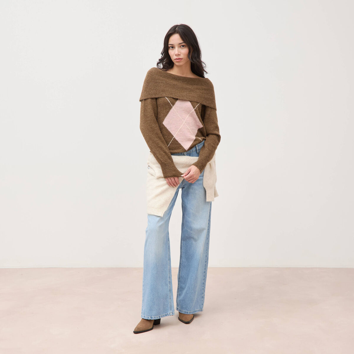 Pull droit manches longues bardot marron femme