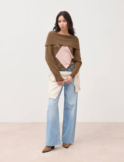 Pull droit manches longues bardot marron femme