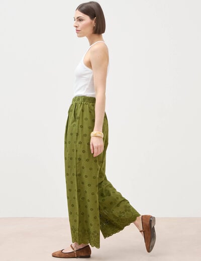 Pantalon droit 7/8&egrave;me brod&eacute; vert kaki femme