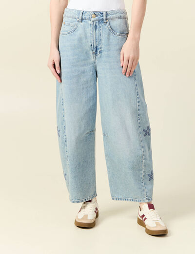 Jeans slouchy brodé 7/8ème denim bleach femme
