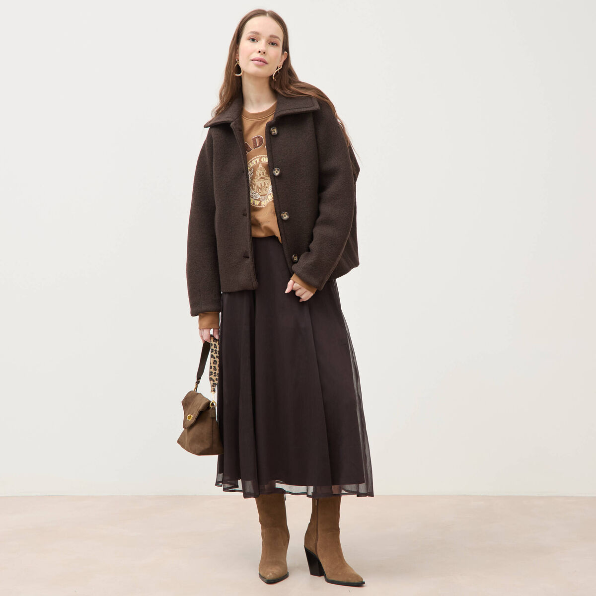 Jupe en voile doubl&eacute;e marron fonc&eacute; femme