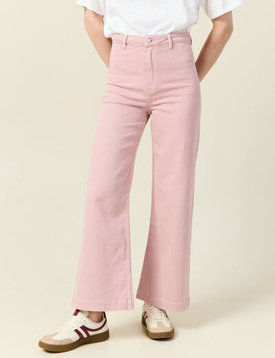 Pantalon large taille haute en jeans rose clair femme