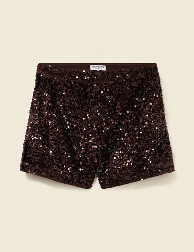 Short ajust&eacute; taille haute doubl&eacute; marron femme