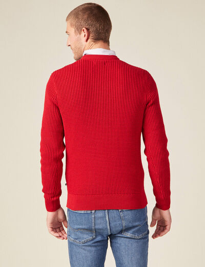 Pull manches longues col rond rouge fonc&eacute; homme