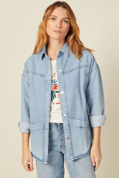 Veste workwear manches 3/4 denim stone femme