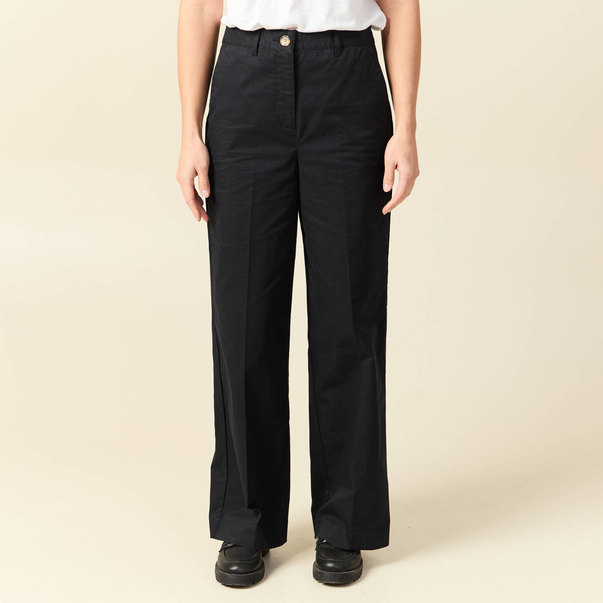 Pantalon large cropped taille haute noir femme