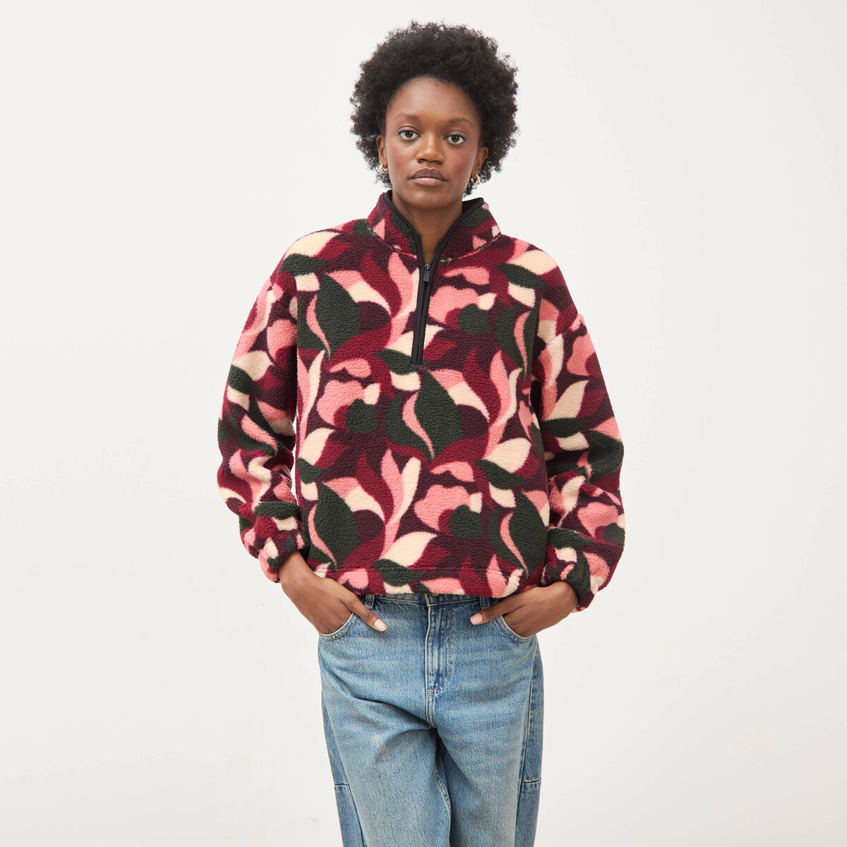 Cardigan col montant manches longues bordeaux femme