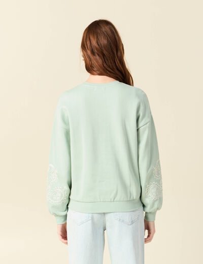 Sweat droit court col rond en coton vert pastel femme