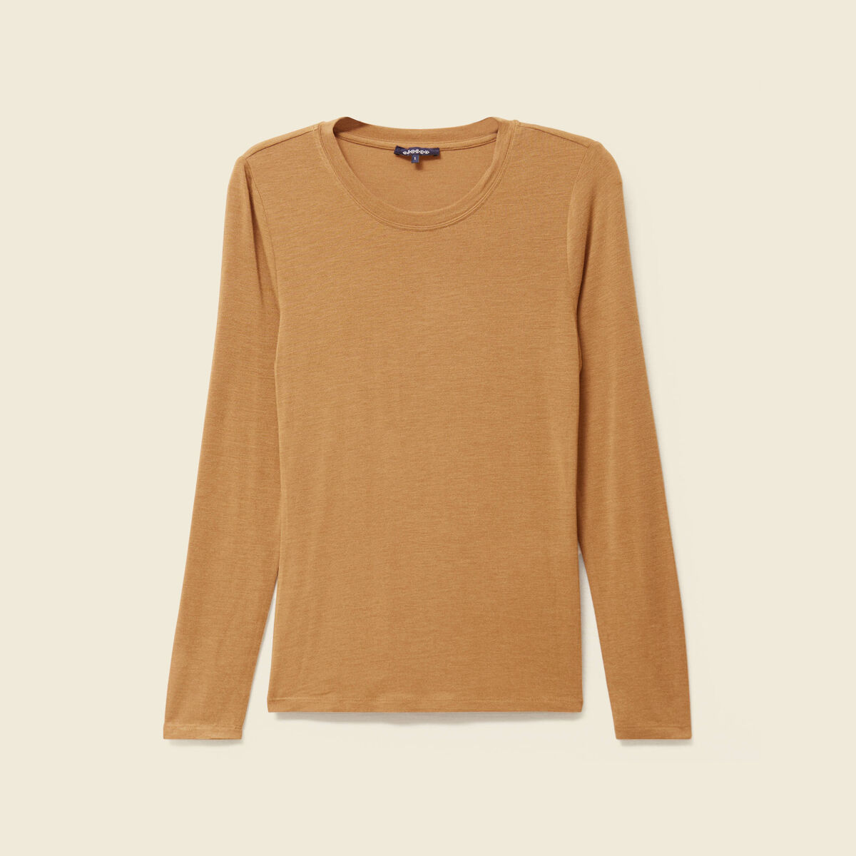 T-shirt cintr&eacute; manches longues col rond marron clair femme