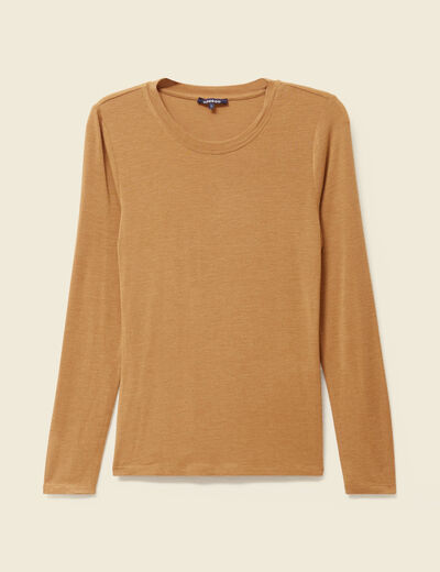 T-shirt cintr&eacute; manches longues col rond marron clair femme