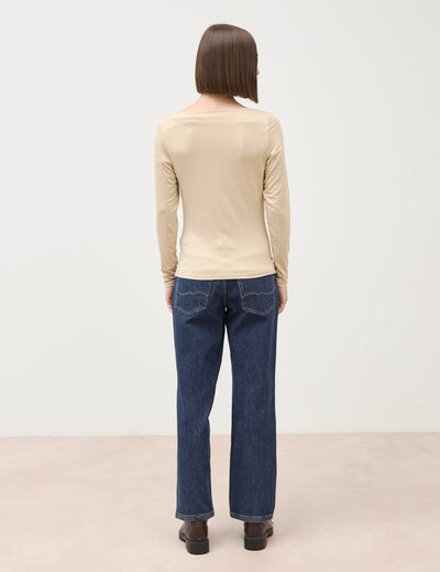 T-shirt ajust&eacute; manches longues bardot beige femme