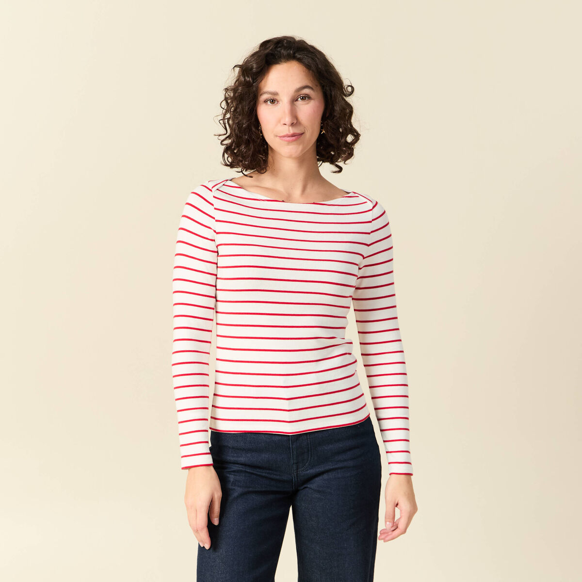 T-shirt ray&eacute; ajust&eacute; manches longues rouge femme
