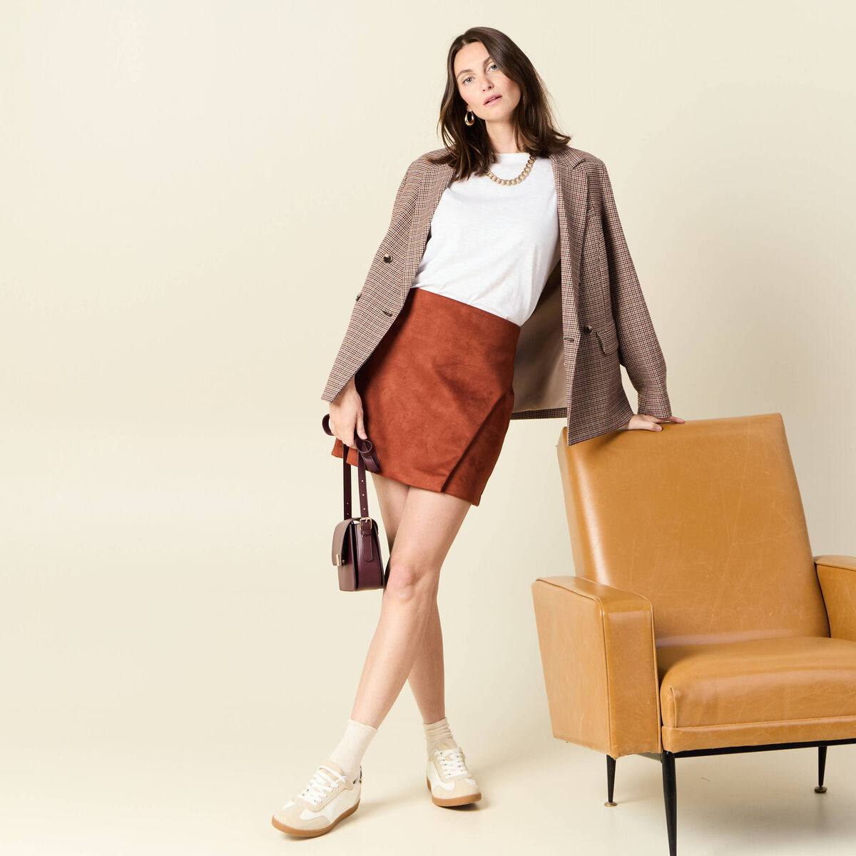 Jupe droite suédine marron cognac femme