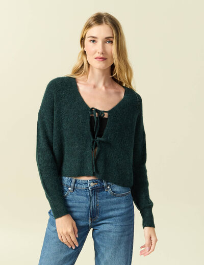 Gilet col V manches longues n&oelig;uds vert fonc&eacute; femme