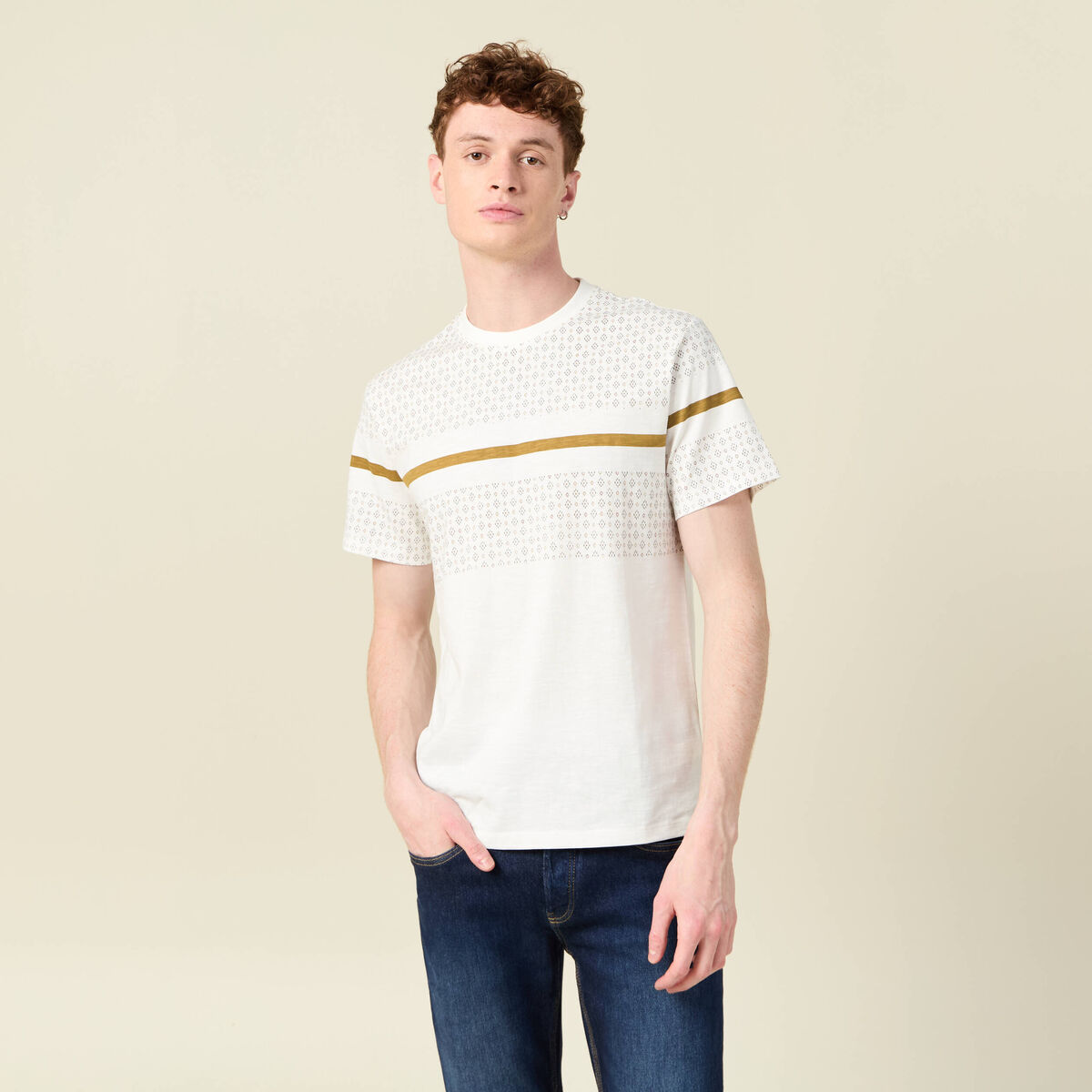 T-shirt col rond manches courtes ecru homme