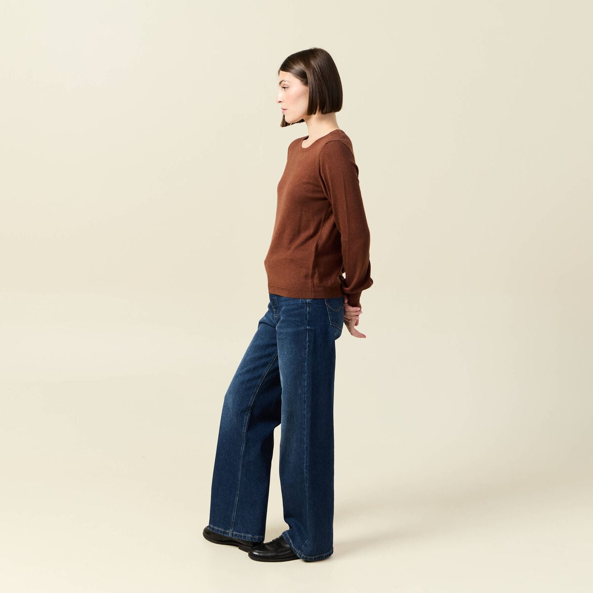 Pull manches longues marron fonc&eacute; femme