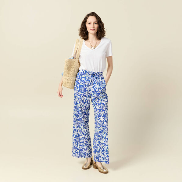 Pantalon large taille haute bleu femme