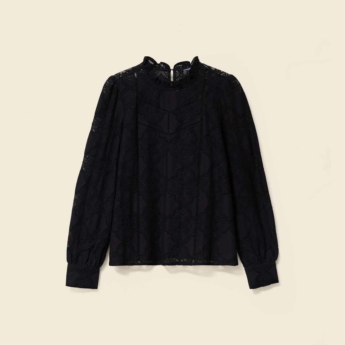 Blouse cintr&eacute;e dentelle manches longues noir femme