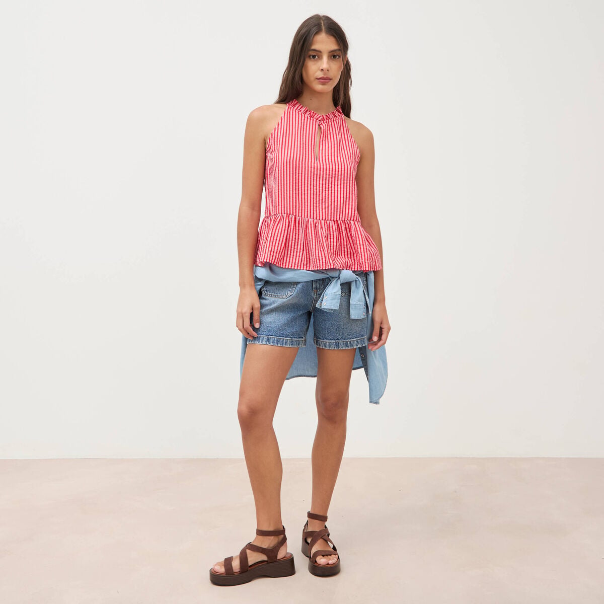 Top droit manches courtes rouge femme