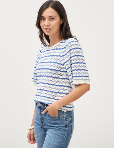 Pull col bateau manches courtes bleu femme